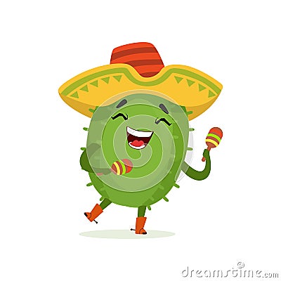 Cute Mexican cactus, funny plant character in sombrero hat shaking maracas cartoon vector Illustration Vector Illustration