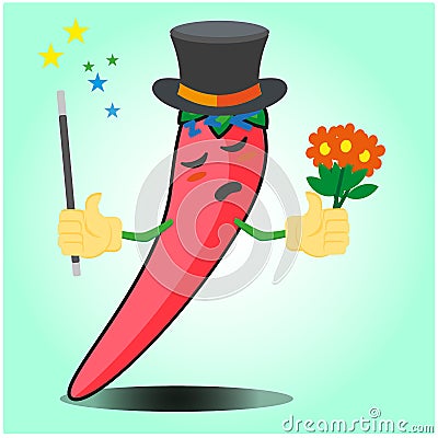 Cute mexican chili magician cartoon face character with magic stick and flowers design Vector Illustration
