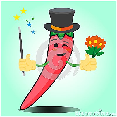 Cute mexican chili magician cartoon face character with magic stick and flowers design Vector Illustration