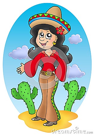 Cute Mexican girl in desert Cartoon Illustration