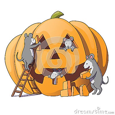 Cute mice characters prepare for Halloween. Sly gray mouse, rat. pumpkin.Isolated on white background. Vector illustration Vector Illustration
