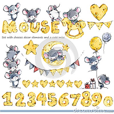 Cute mice greeting background. Funny cartoon mouse. Stock Photo