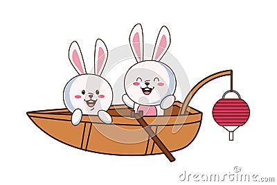 Cute mid autumn rabbits couple in boat Vector Illustration