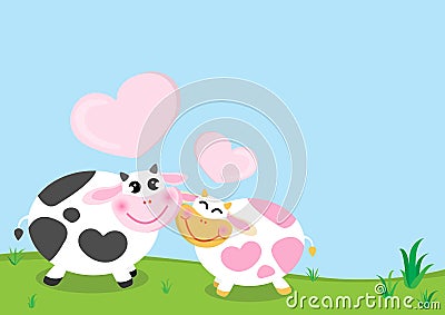 Cute milk cow couple on green grass field and blue sky background. Vector Illustration