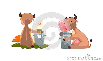 Cute Milk Cow with Udder Embracing Can with Milk Vector Set Vector Illustration