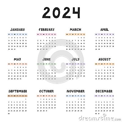 Cute minimal calendar template for 2024 year with weeks starts on Monday. Calendar grid with funky font for kids nursery Vector Illustration