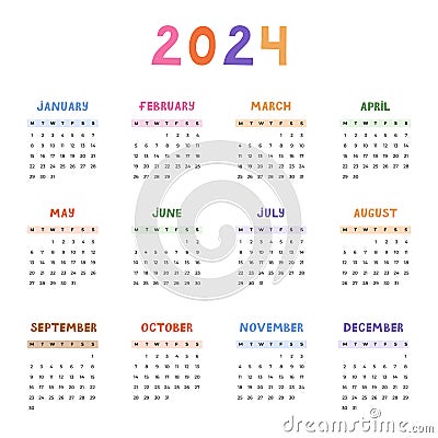 Cute minimal calendar template for 2024 year with weeks starts on Monday. Calendar grid with funky font for kids nursery Vector Illustration