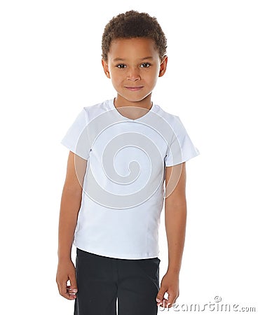 Handsome african american boy in white t-shirt on white background Stock Photo