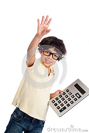 Cute Mixed Race Boy with Calculator. Stock Photo