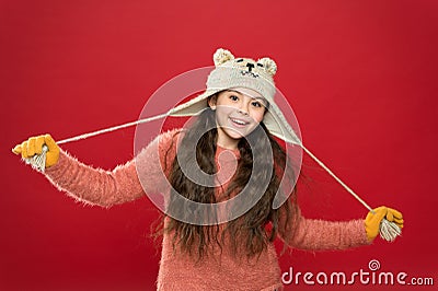 Cute model enjoy winter style. Teddy bear. Being cute bear. Winter outfit. Little kid wear knitted hat. Stay warm Stock Photo