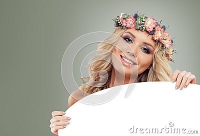 Cute Model Woman with Blank Board Banner Stock Photo