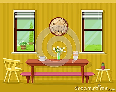 Cute modern dining room interior: table with coffee cups and flowers, chairs, clock and windows. Vector kitchen furniture set. Vector Illustration