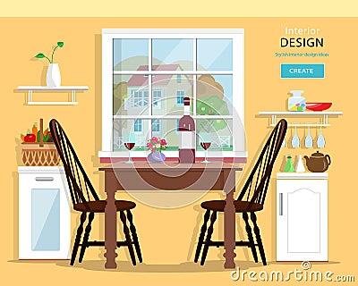 Cute modern kitchen interior design with furniture: table, chairs, kitchen cupboards. Vector Illustration