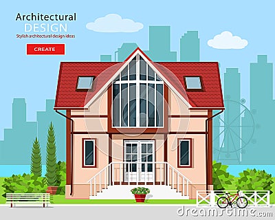 Cute modern private house facade design with trees and city skyline background. Stylish detailed building exterior. Vector Illustration