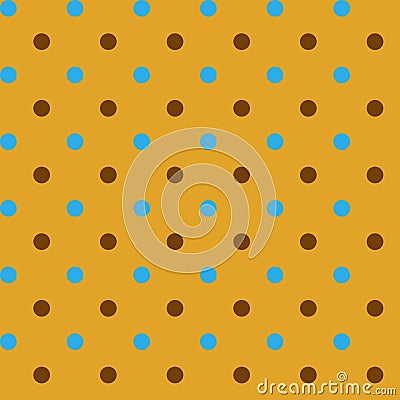 Cute modest brown and blue polka dots isolated on a dark yellow background Seamless pattern Stock Photo