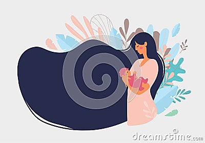 Cute mom with a newborn. The concept of motherhood, family. Flat design with copy space. Happy woman hugs toddler, long Vector Illustration