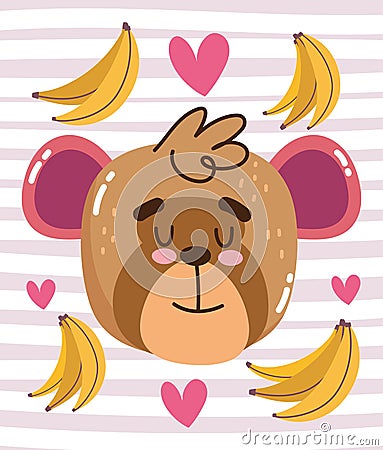 Cute monkey with bananas and hearts cartoon animal adorable wild character Vector Illustration