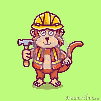 cute monkey builder carrying hammer Vector Illustration