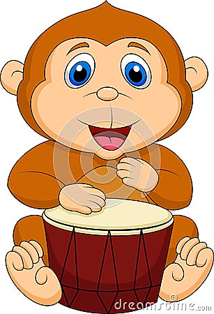 Cute monkey cartoon playing drum Vector Illustration