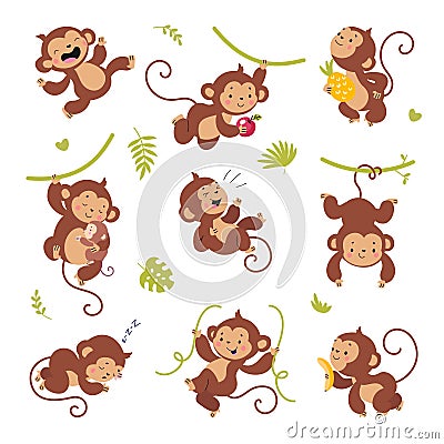 Cute monkey characters. Childish cartoon monkeys, isolated primates hang on vine in different poses. Wild tropical Vector Illustration