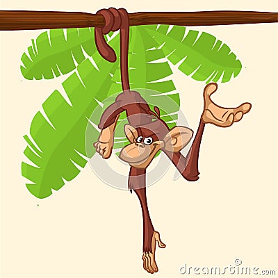 Cute Monkey Chimpanzee Hanging On Wood Branch Flat Bright Color Simplified Vector Illustration In Fun Cartoon Style Design. Vector Illustration