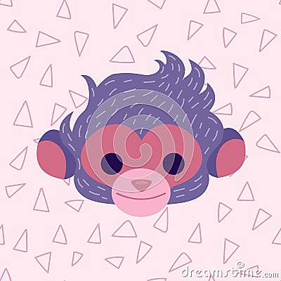 Cute Monkey head in pastel pink colors. Vector Illustration