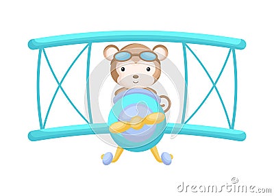 Cute monkey pilot wearing aviator goggles flying an airplane. Graphic element for childrens book, album, scrapbook, postcard, Vector Illustration