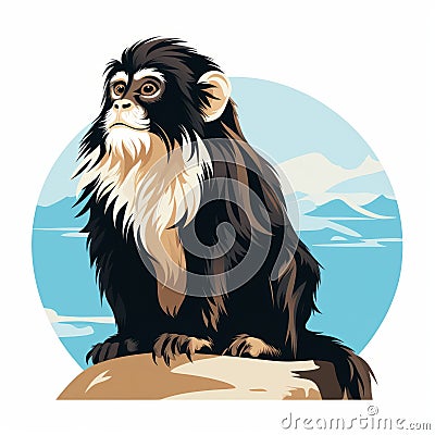 Cute Monkey Silhouette On Rock: Pop Art Flat Colors And Hyper-realistic Illustrations Stock Photo