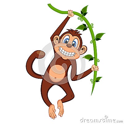 Cute monkey swinging on vines cartoon Vector Illustration