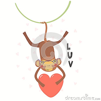 Cute monkey Valentines day card Vector Illustration