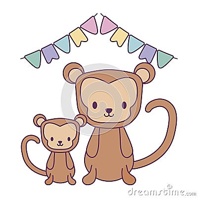 cute monkeys animals with garlands hanging icon Cartoon Illustration
