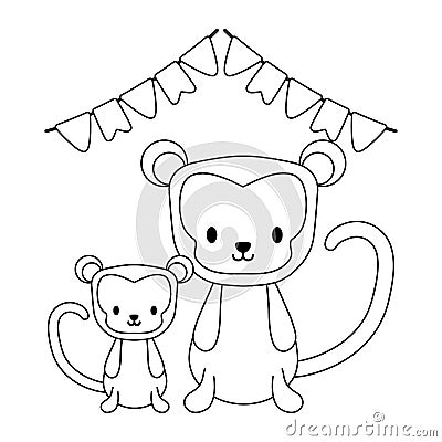 cute monkeys animals with garlands hanging icon Cartoon Illustration