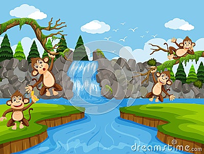 Cute monkeys in jungle scene Vector Illustration