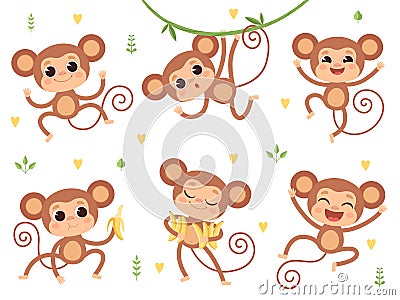 Cute monkeys. Jungle wild animals baby little monkeys playing vector characters in action poses Vector Illustration