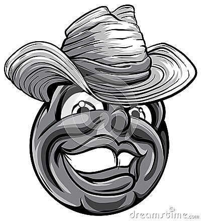 Cute monochromatic smiling emoticon wearing cowboy hat, emoji, smiley Vector Illustration