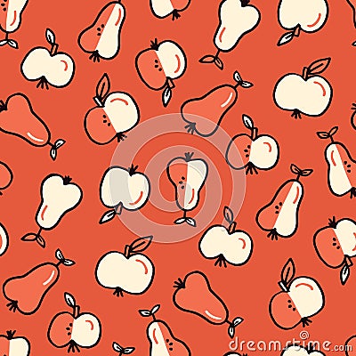 Cute Monochrome Felt Tip Pen Apple and Pears Fruits Vector Seamless Pattern Vector Illustration