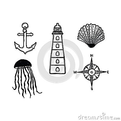 Cute monochrome nautical lineart cartoon vector illustration motif set. Hand drawn isolated anchor, lighthouse, jellyfish and Cartoon Illustration