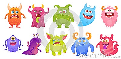 Cute monster characters smiling, funny aliens and creatures. Cartoon goblin, ghost, alien. Scary monsters with silly Vector Illustration