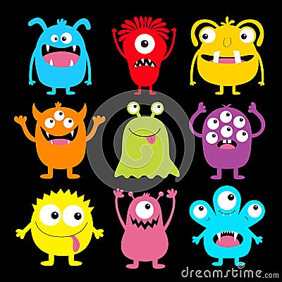 Cute monster colorful round silhouette icon set. Eyes, tongue, tooth fang, hands up. Cartoon kawaii scary funny baby character. Vector Illustration