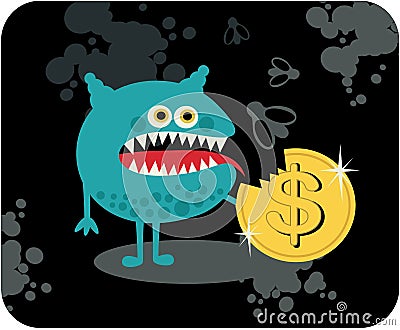 Cute monster with dollar coin. Vector Illustration