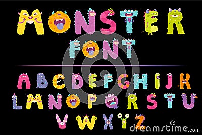 Cute monster English alphabet, spooky font and creepy numbers set with dead zombie, ghost Vector Illustration