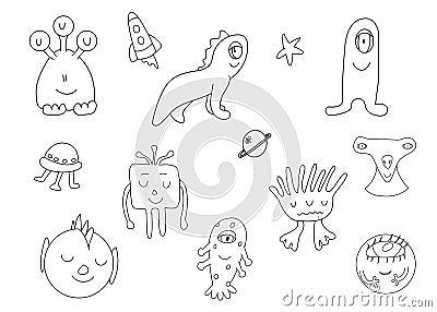 Cute monster icons set in outline style Cartoon Illustration