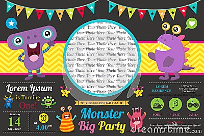 Cute Monster Invitation Birthday Card Vector Illustration