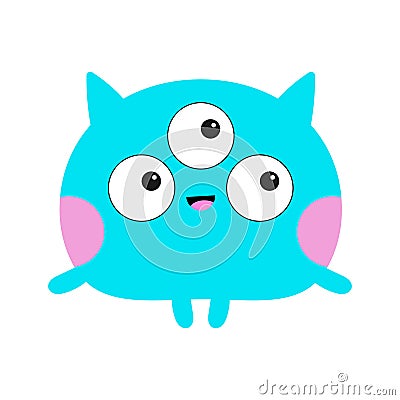 Cute monster silhouette. Happy Halloween. Blue animal. Funny Kawaii cartoon baby character. Three eyes, ears, horns, pink cheeks. Vector Illustration