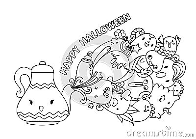 Cute monsters coming out of the lamp with the typography Happy Hallowen for design element and coloring book page. Vector illustra Vector Illustration