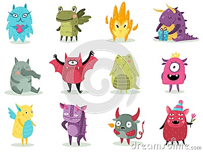 Cute monsters. Funny fabulous incredible creatures with smiles and goofy faces, cartoon alien, dragons and devil spooky Vector Illustration