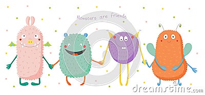 Cute monsters holding hands Vector Illustration