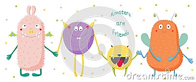 Cute monsters holding hands Vector Illustration