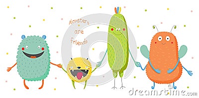 Cute monsters holding hands Vector Illustration