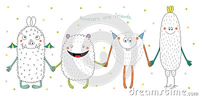 Cute monsters holding hands Vector Illustration